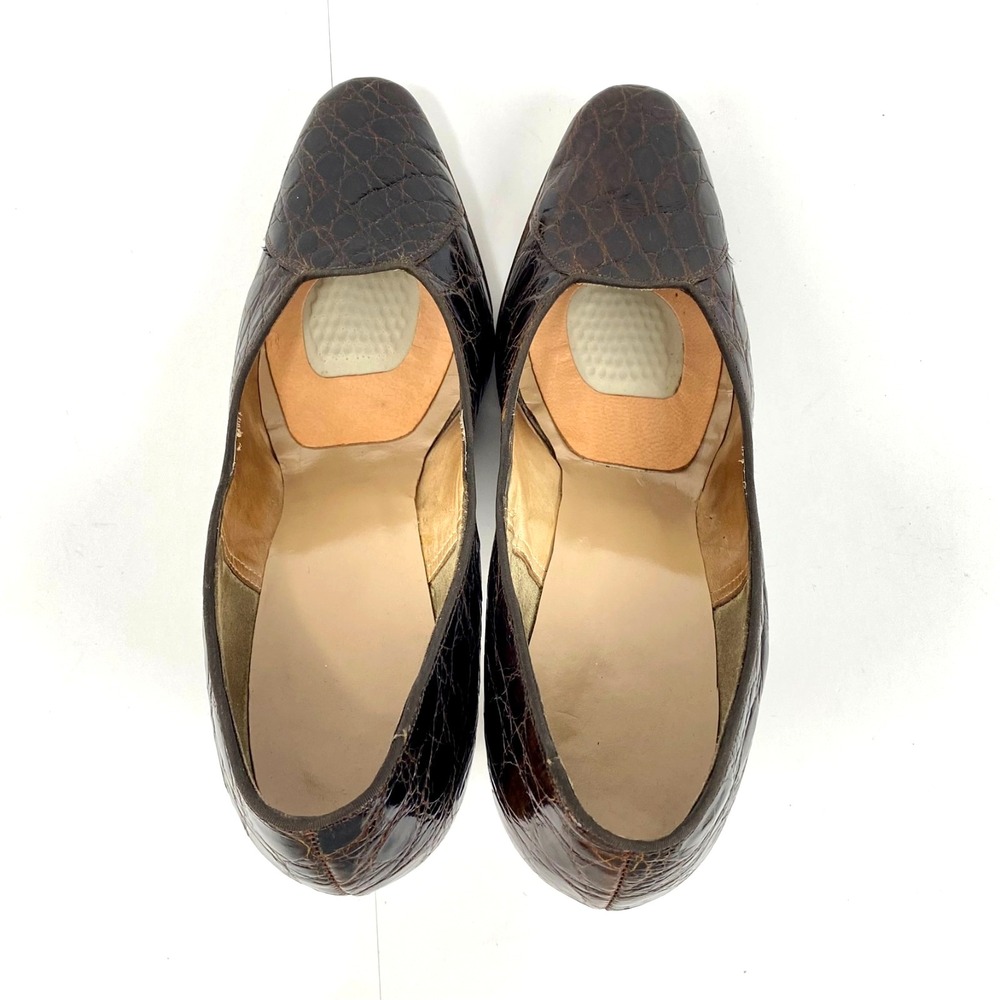 Luxury Leather Pumps Women's 6.5 Brown Croc Embossed All Leather Kitten Heels 37 - Picture 8 of 9